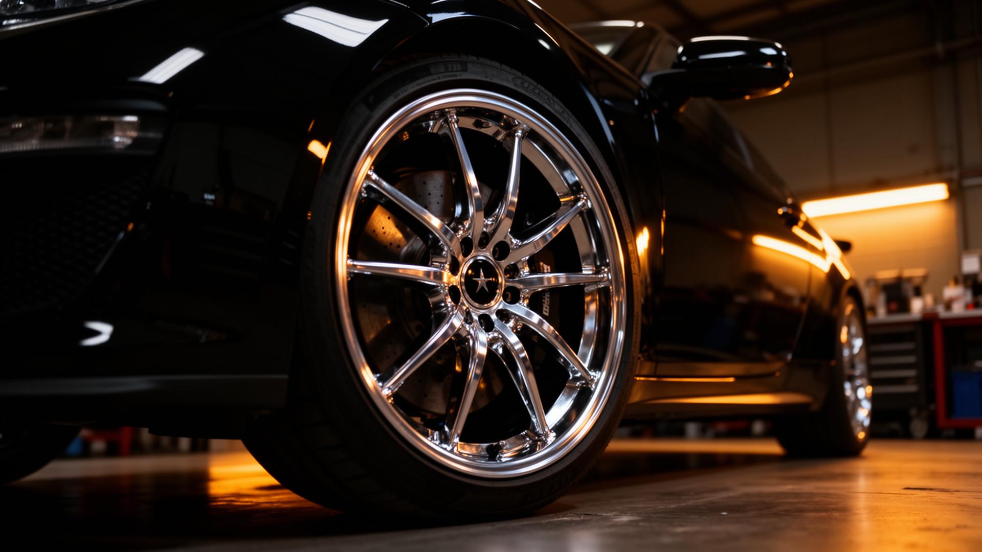 Premium alloy wheel in automotive workshop